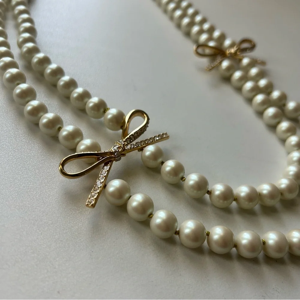 Kate Spade Double Strand Pearl Necklace with Gold Diamond Bows - Picture 3 of 8